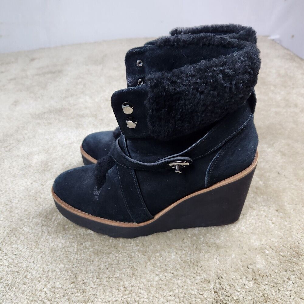 Coach Kenna Wedge Boots Booties Suede Shearling Black Buckle Size 7.5 B Ankle - Picture 3 of 8